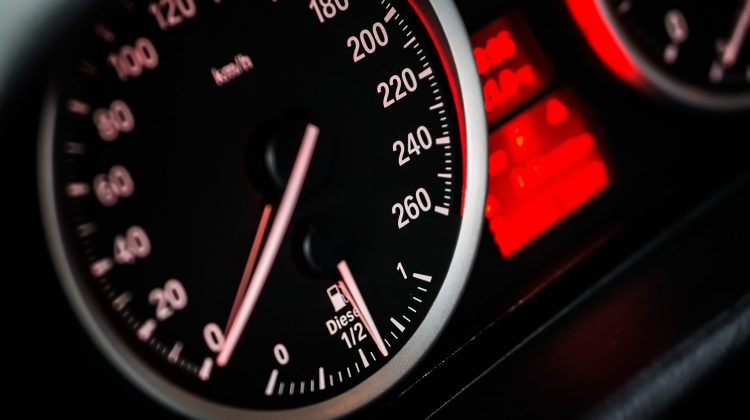 Car speedometer showing slow speed