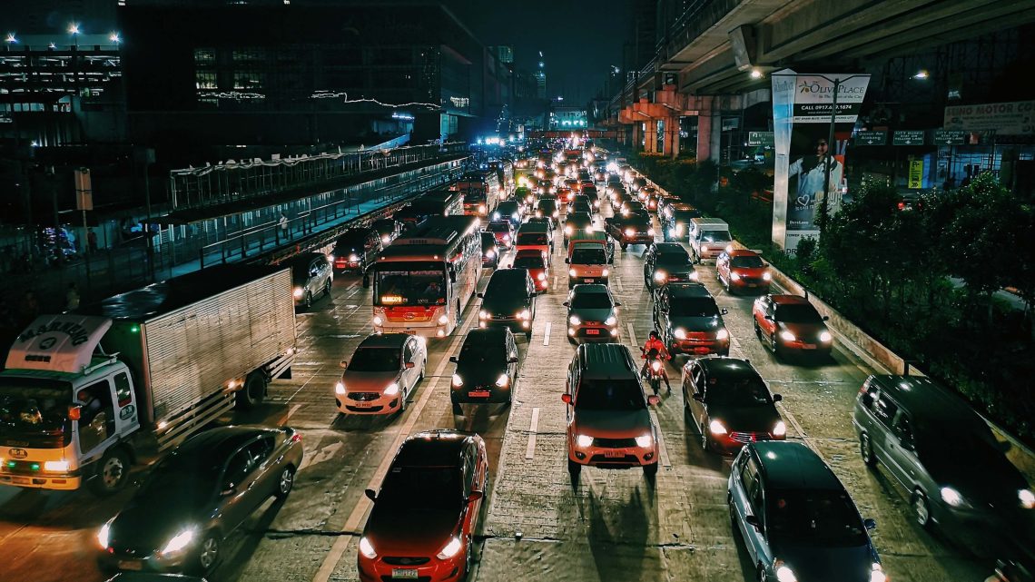 Freeway With Heavy Traffic at Night