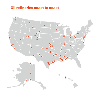 USA oil refineries map