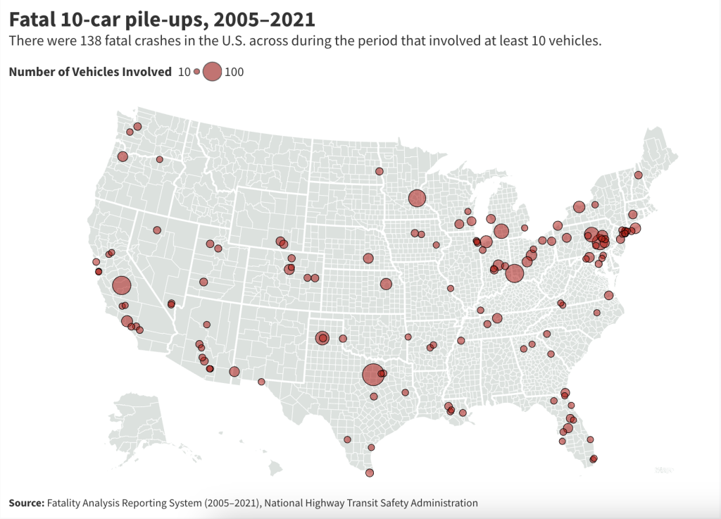 map of fatal 10-car pile-ups 2005-2021