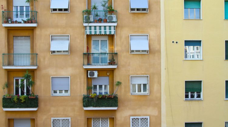 Wide shot of apartment building