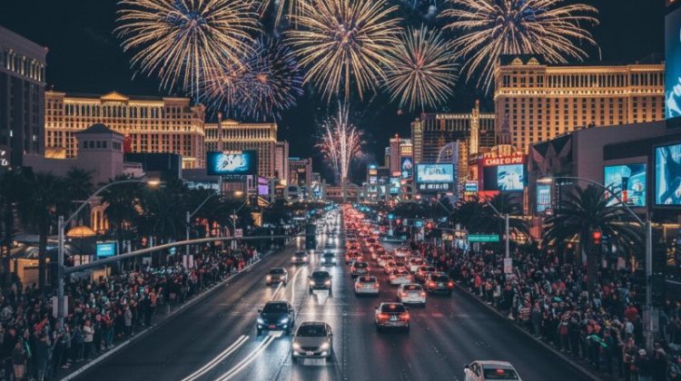 Las Vegas Strip at night during a New Year's Eve celebration